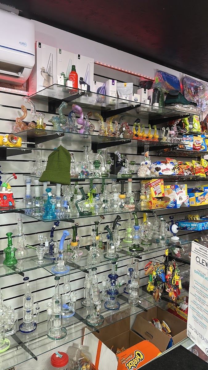 Shelf of glass pieces